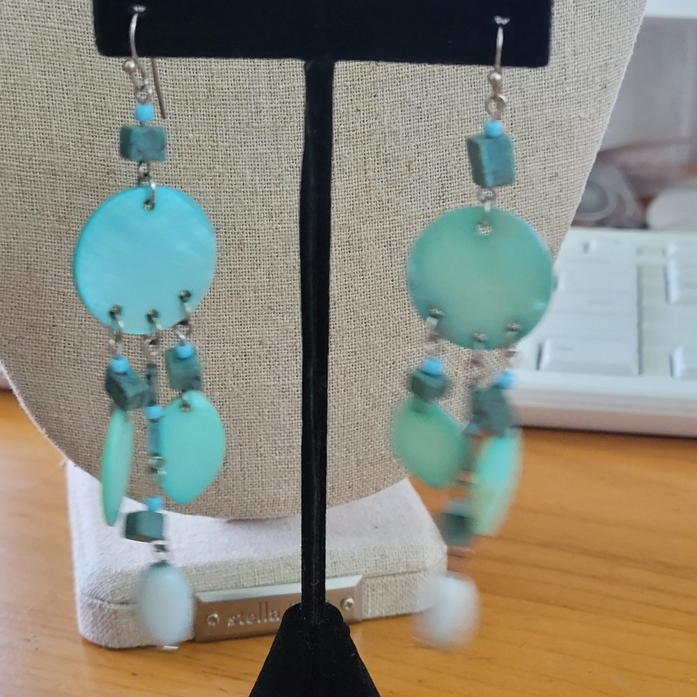Vintage Turquoise Shell Chandelier Dangle Earrings Boho 3.5in